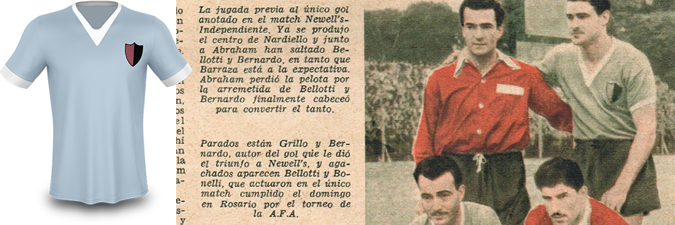 Fotografía del 17/07/1955. Primera división. Fecha 10, Newell's 1 - 0 Independiente.

​

En la foto: Grillo (Ind) y Eduardo Bernardo. Juan Emilio Bellotti y Bonelli (Ind).