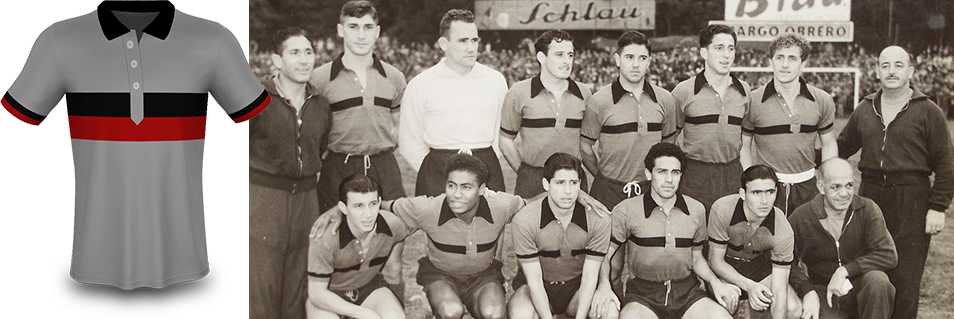 Camiseta gris, con rojo y negro, sin marca. Utilizada por Newell's en 1956.

​

En la foto: Fabrini (DT), Griffa, Masuelli, Echeverría, Sanguinetti, Mastrogiuseppe, Fontana y R Mas (PF). Nardiello, Picot, R Garcia, Toranzo, Urquiza y S Alonso (M).